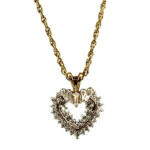 JJT 925 Silver with Gold Overlay CZ Heart Pendant • Baguettes & Round CZs • 17"